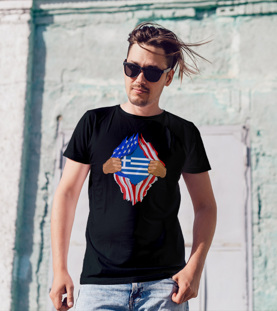 Greek Blood Inside Me Greece With American Flag Reveal T-Shirt