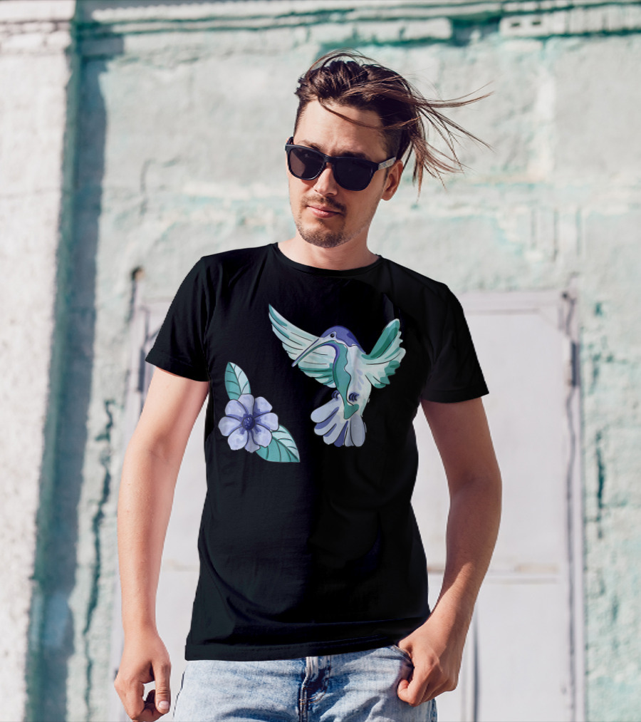 Green And Blue Hummingbird With White And Blue Flower T-Shirt