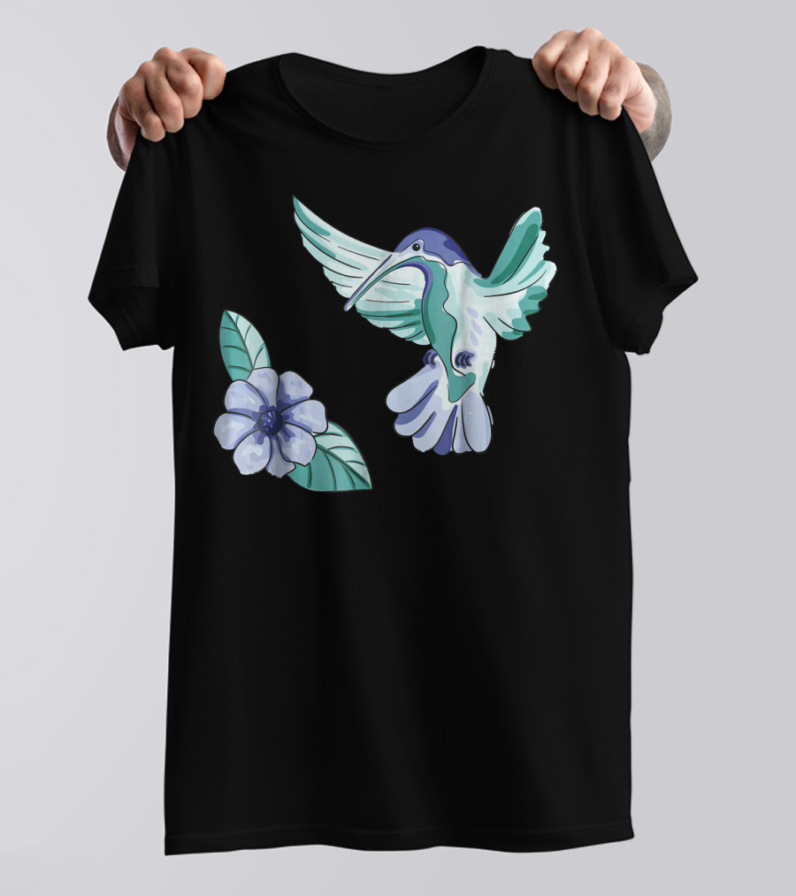 Green And Blue Hummingbird With White And Blue Flower T-Shirt