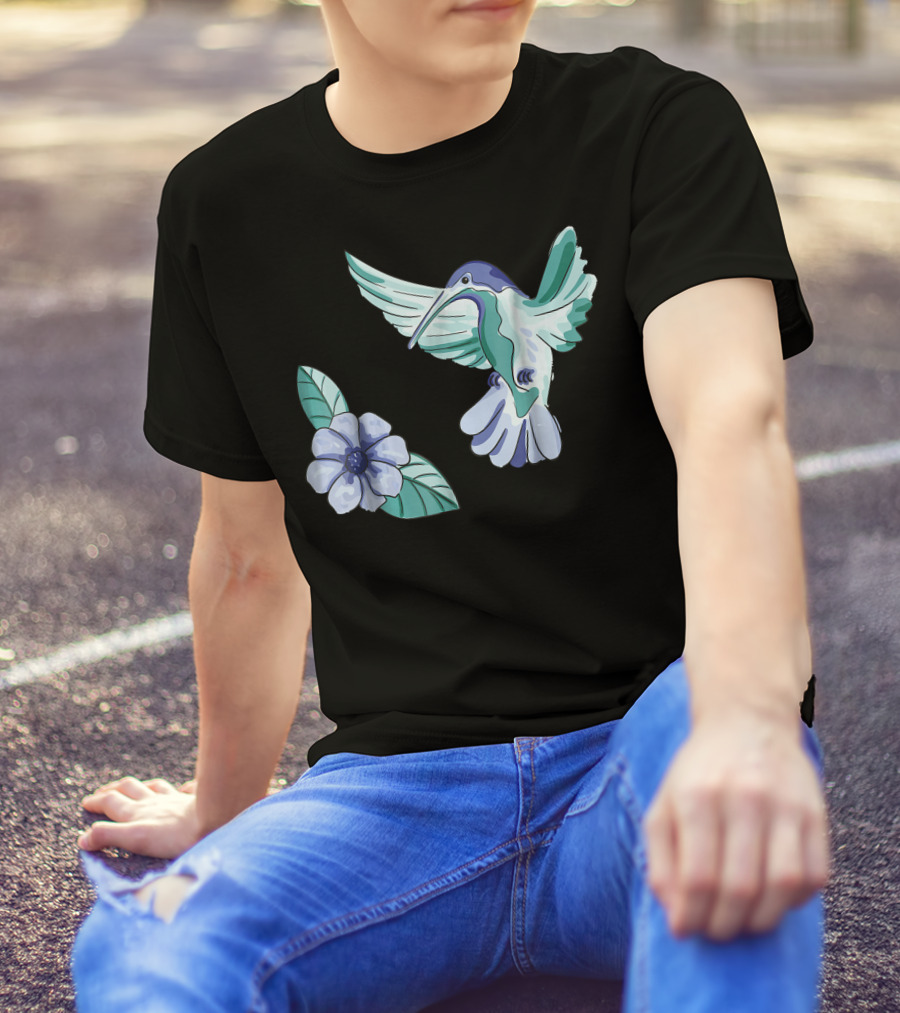 Green And Blue Hummingbird With White And Blue Flower T-Shirt