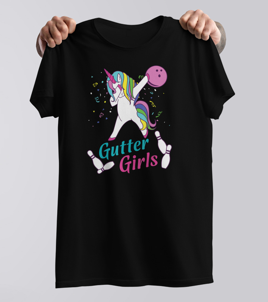 Gutter Girls Unicorn Bowling Team Dabbing Unicorn With Bowling Ball And Pins T-Shirt