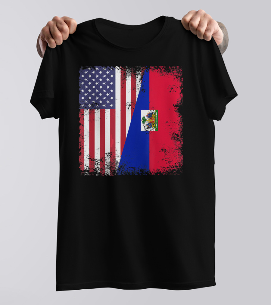 Half Haitian Flag Vintage Haiti U USA Grunge Style Flag Fusion T-Shirt