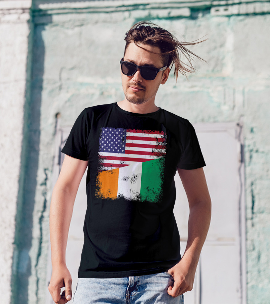 Half Ivorian Flag Vintage Cote D'I With Distressed USA Flag T-Shirt