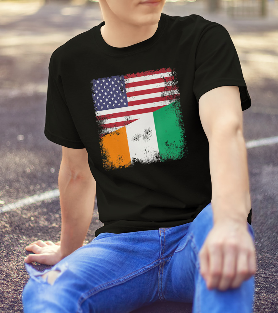 Half Ivorian Flag Vintage Cote D'I With Distressed USA Flag T-Shirt
