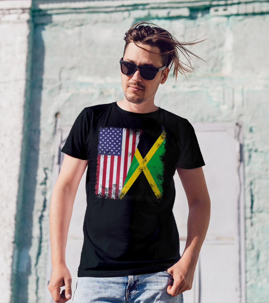 Half Jamaican Flag Vintage Jamaica U.S.A. Flag Overlay T-Shirt