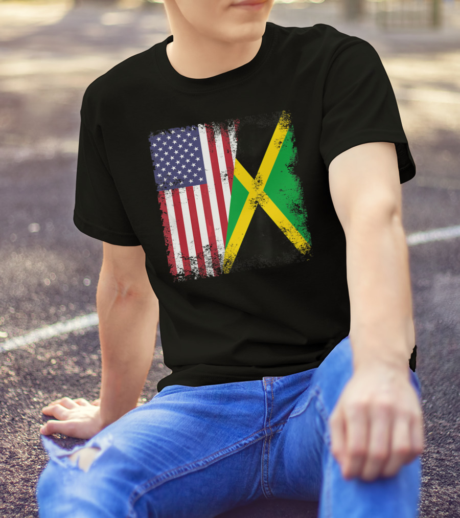 Half Jamaican Flag Vintage Jamaica U.S.A. Flag Overlay T-Shirt