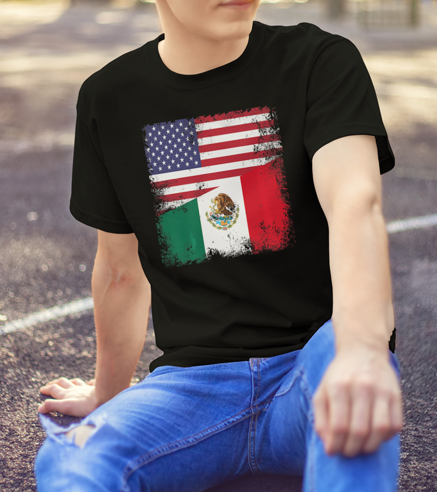 Half Mexican Flag Vintage Mexico U.S. American Flag Dual Heritage T-Shirt
