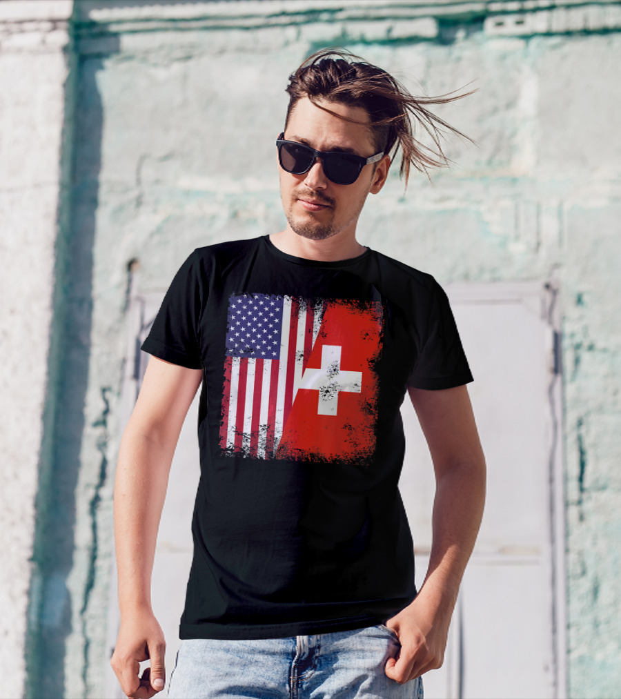 Half Swiss Flag Vintage American Swiss Flag T-Shirt