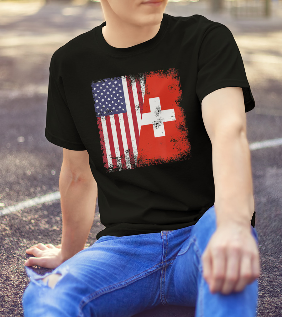 Half Swiss Flag Vintage American Swiss Flag T-Shirt