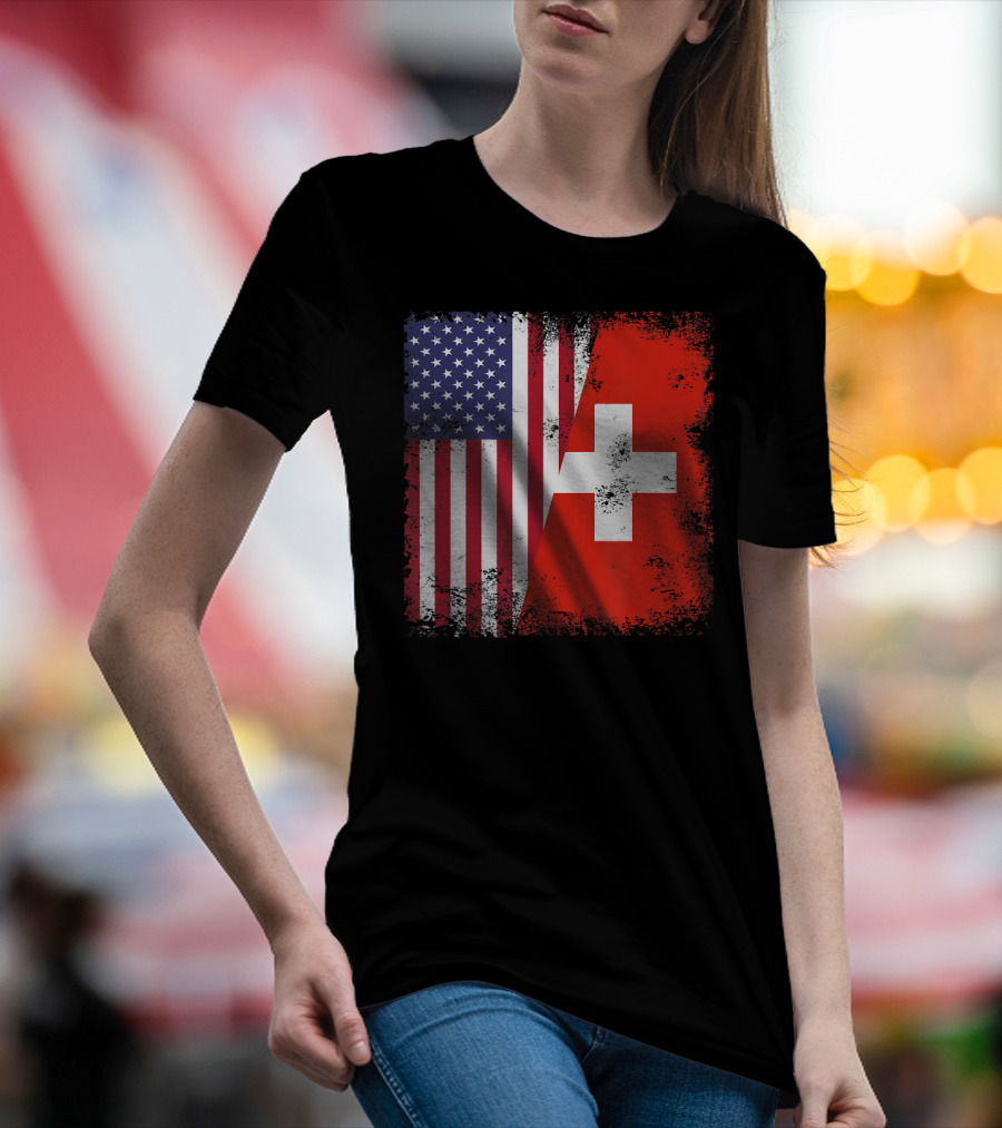 Half Swiss Flag Vintage American Swiss Flag T-Shirt