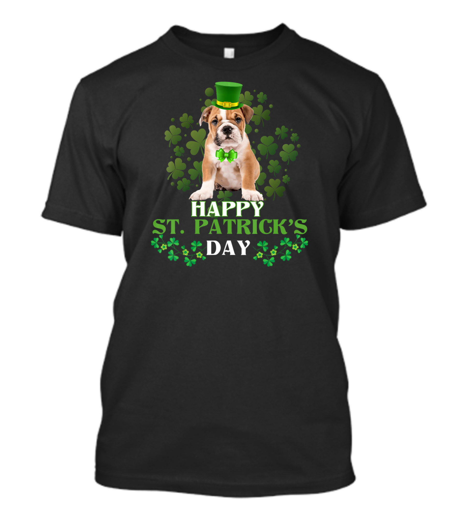 Happy St Patrick's Day Leprechaun Bulldog Green Hat Shamrock T-Shirt