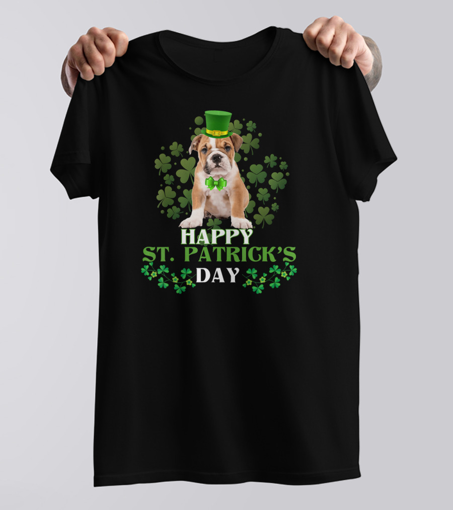 Happy St Patrick's Day Leprechaun Bulldog Green Hat Shamrock T-Shirt