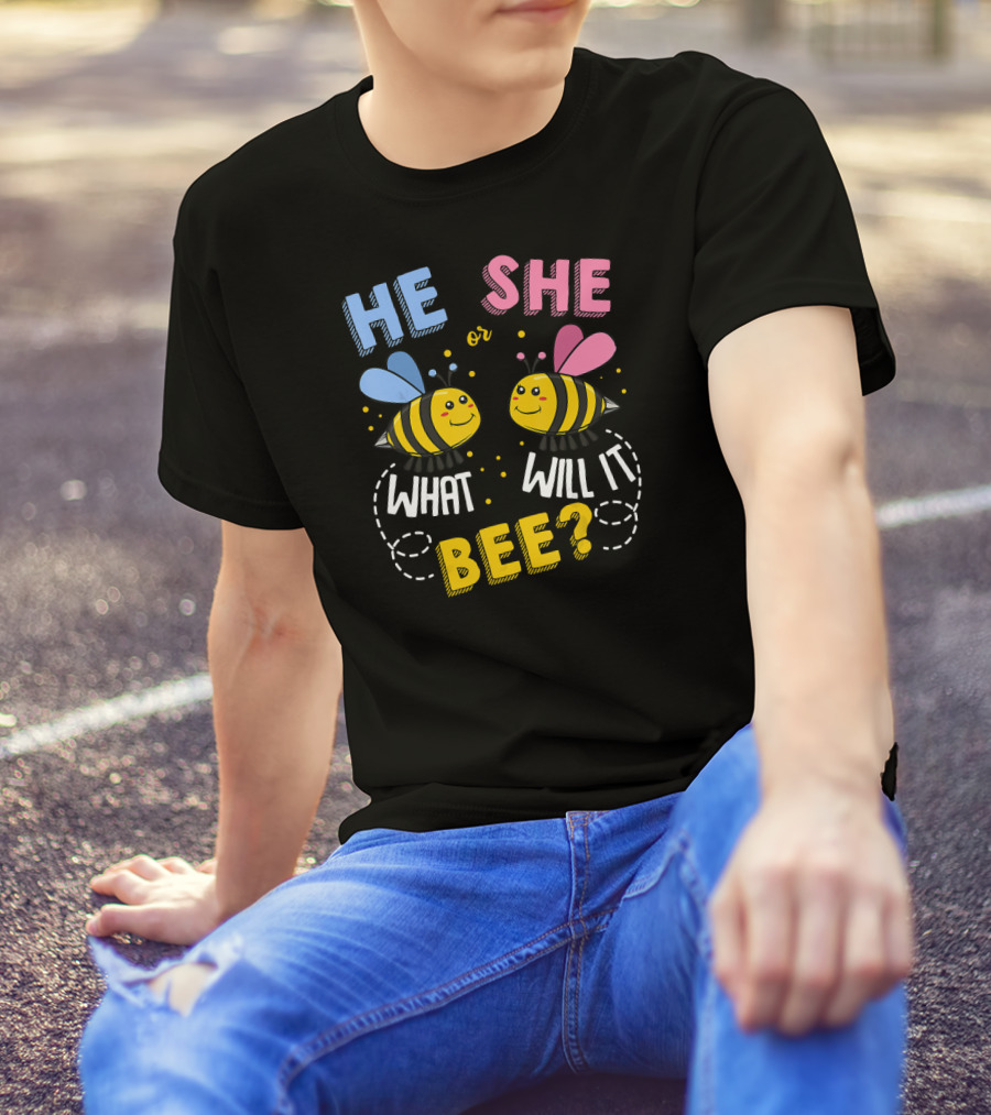 He She Or What Will It Bee Baby Party Gender Reveal Bees Blue And Pink T-Shirt