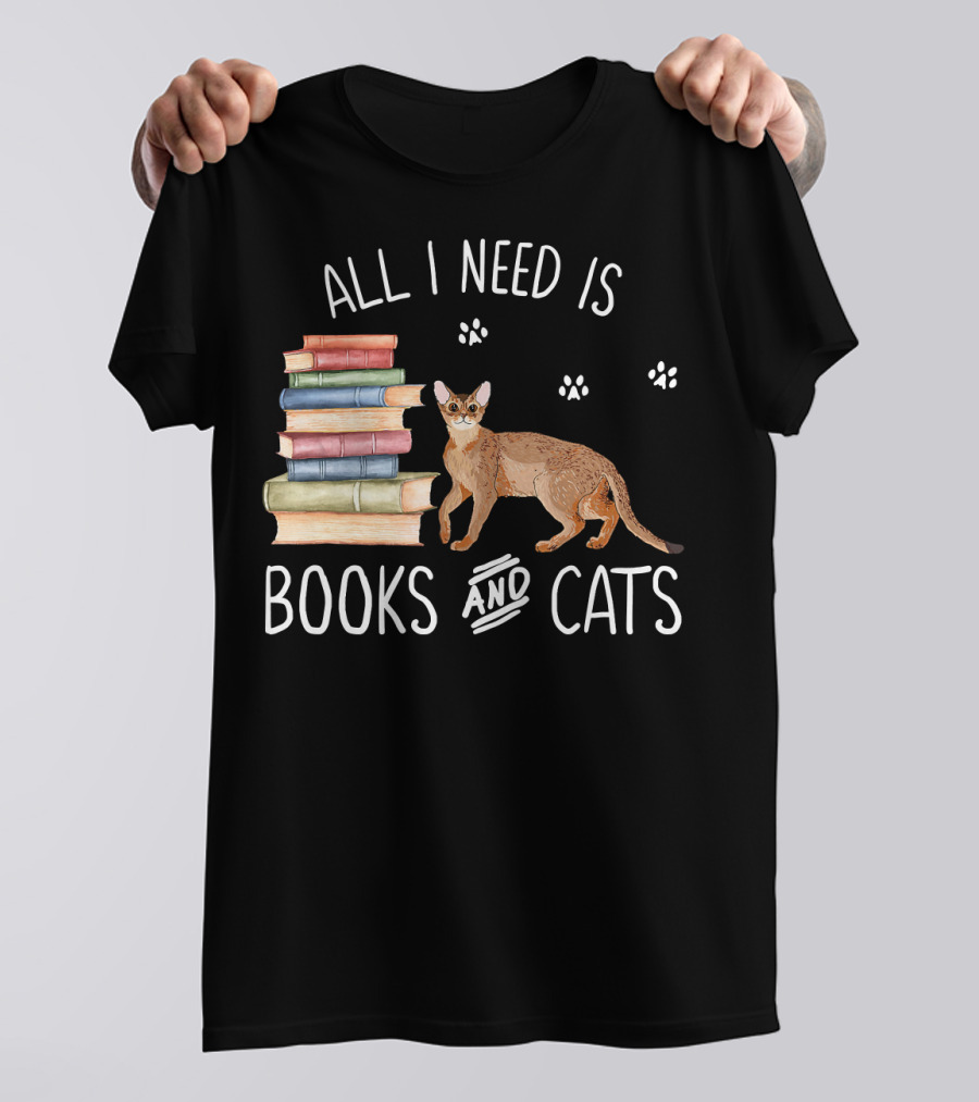 All I Need Is Books And Cats With Stack Of Colorful Books And Cat Paws T-Shirt