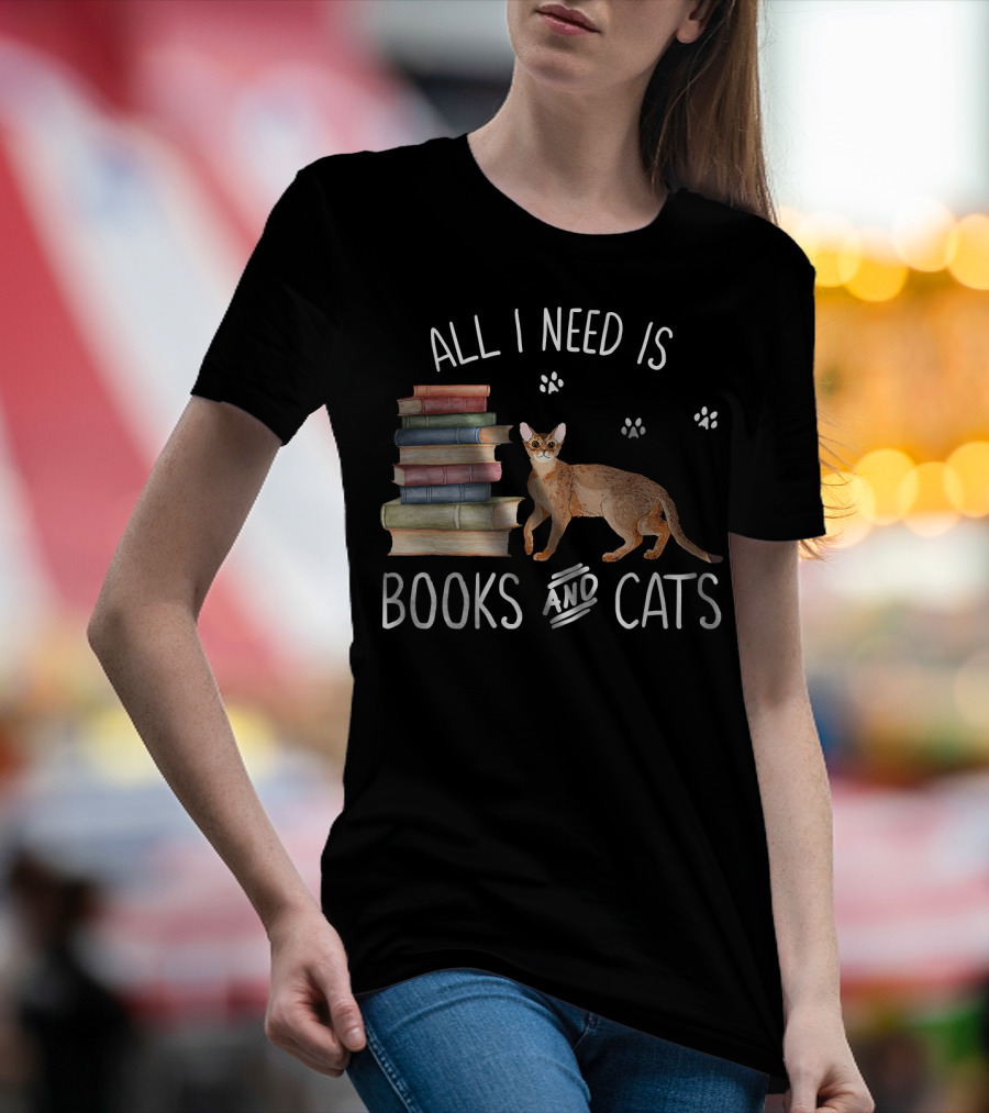 All I Need Is Books And Cats With Stack Of Colorful Books And Cat Paws T-Shirt
