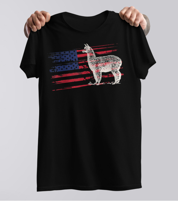 Alpaca Vicuna With US American Flag In Rustic T-Shirt