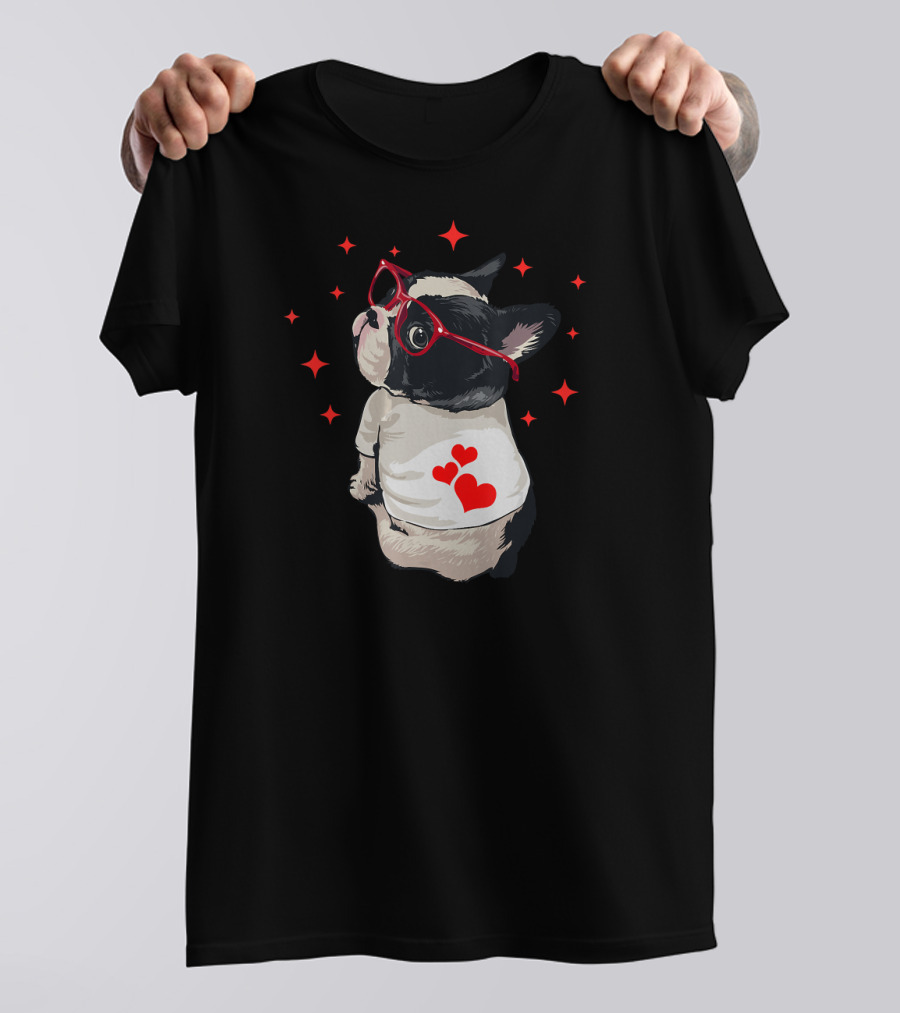 American Boston Terrier Red Glasses Hearts Stars T-Shirt