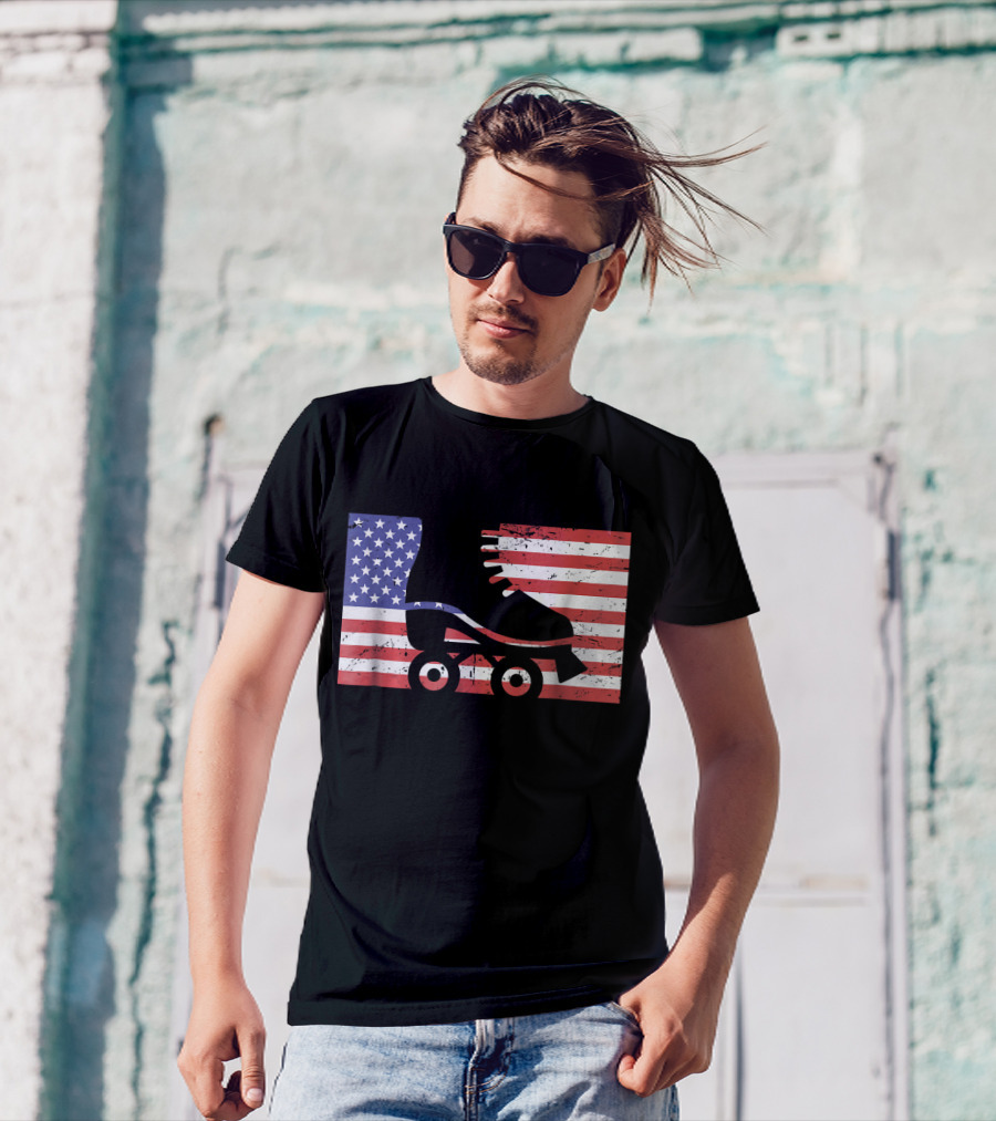 American Flag With Roller Skate T-Shirt
