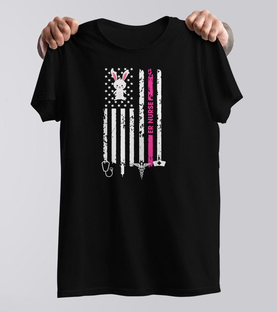 American Flag Bunny ER Nurse Easter Graphic With Medical Symbols T-Shirt