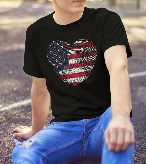 American Flag Heart Shape Fingerprint T-Shirt