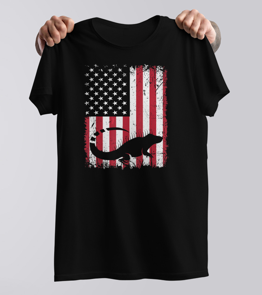 American Flag Iguana Silhouette On Distressed Stars And Stripes Background T-Shirt