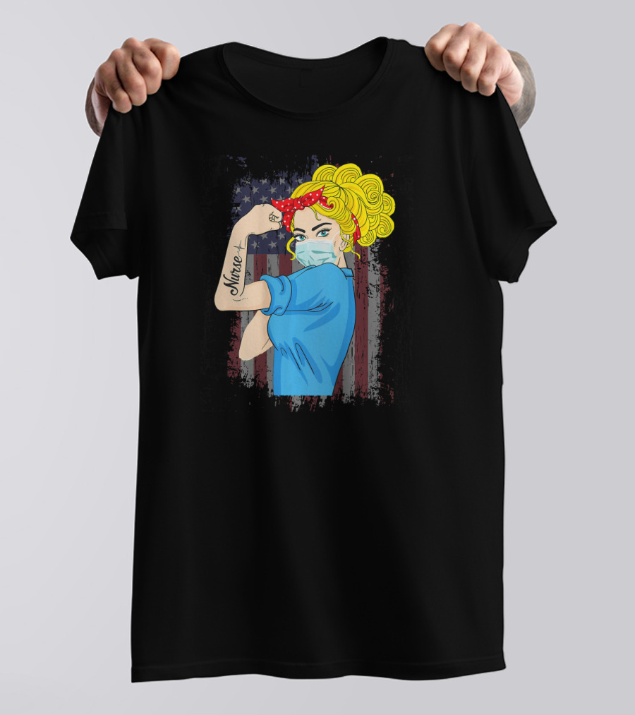 American Flag Nurse Strong Woman Tattoo Rosie Riveter T-Shirt