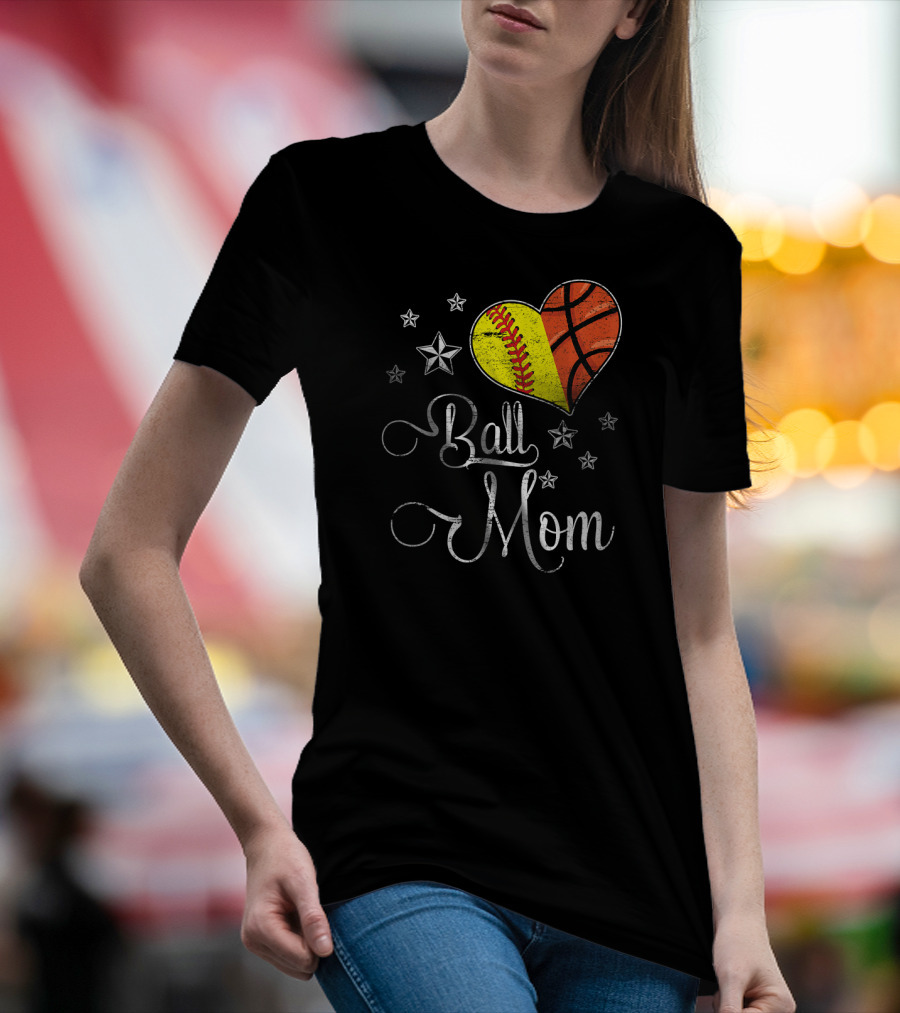 Proud Softball Basketball Ball Mom Star Heart T-Shirt