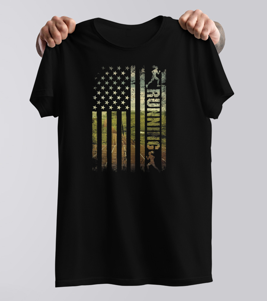 Running American Flag Patriotic Runner USA Track Stars T-Shirt