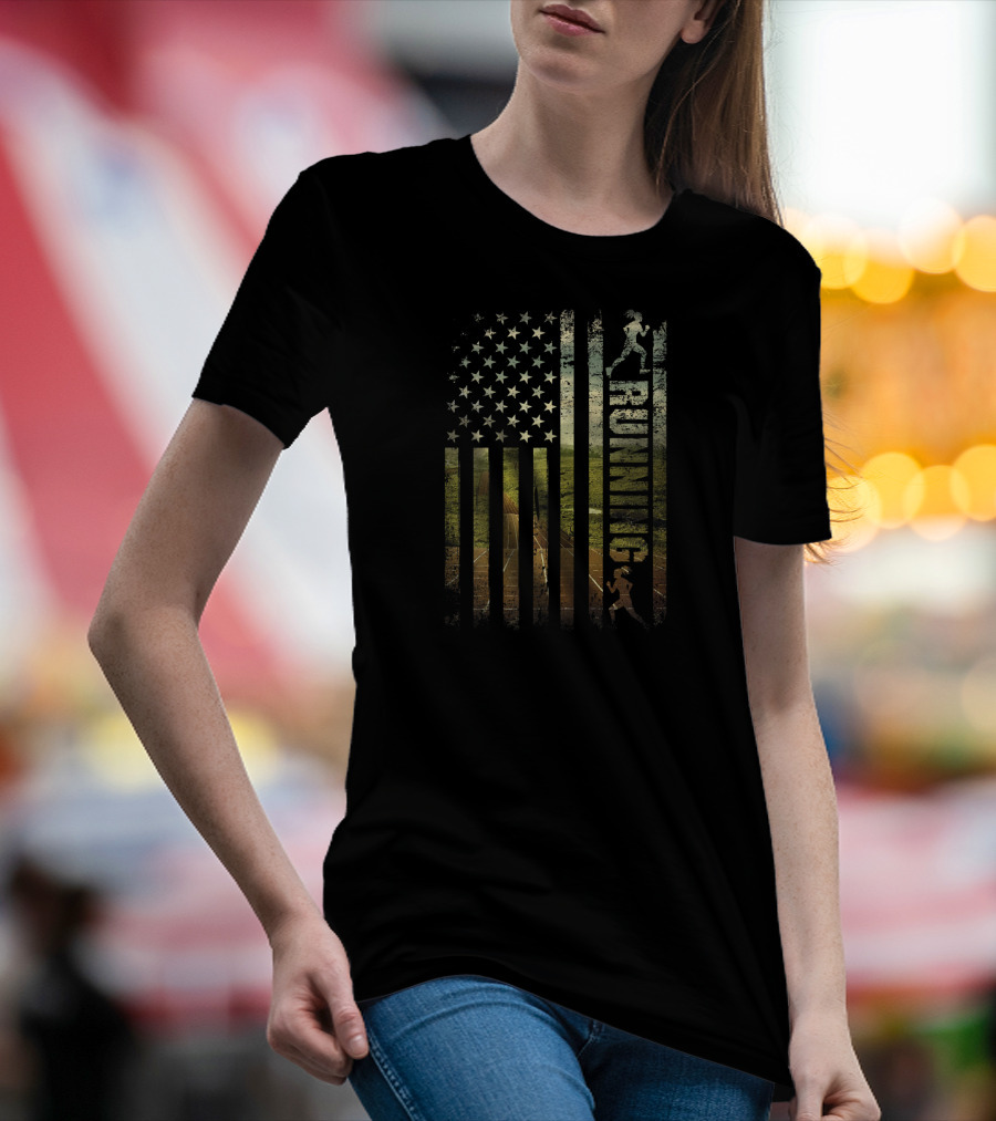 Running American Flag Patriotic Runner USA Track Stars T-Shirt