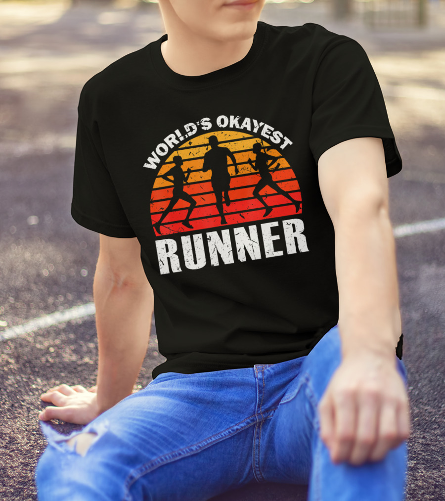 World's Okayest Runner Sunset Silhouette Sprinting Marathon T-Shirt