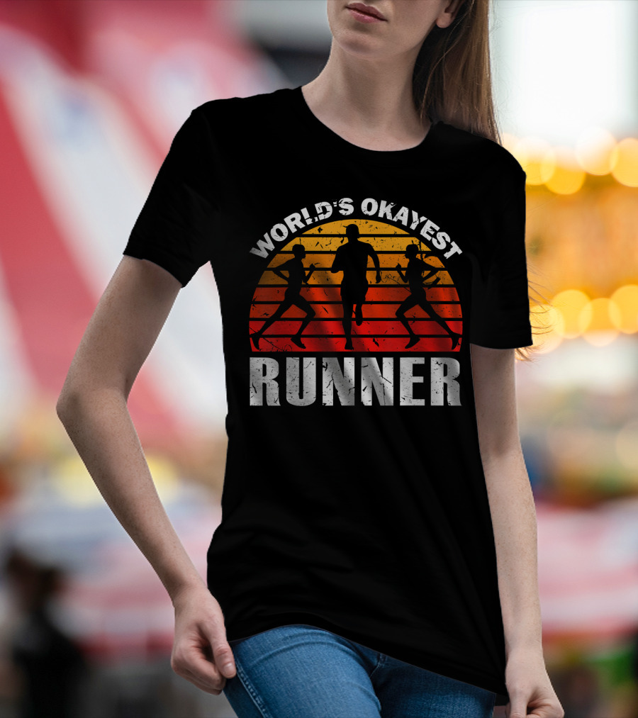 World's Okayest Runner Sunset Silhouette Sprinting Marathon T-Shirt