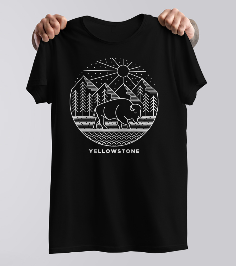 Yellowstone National Park Bison Mountains Forest Sun T-Shirt