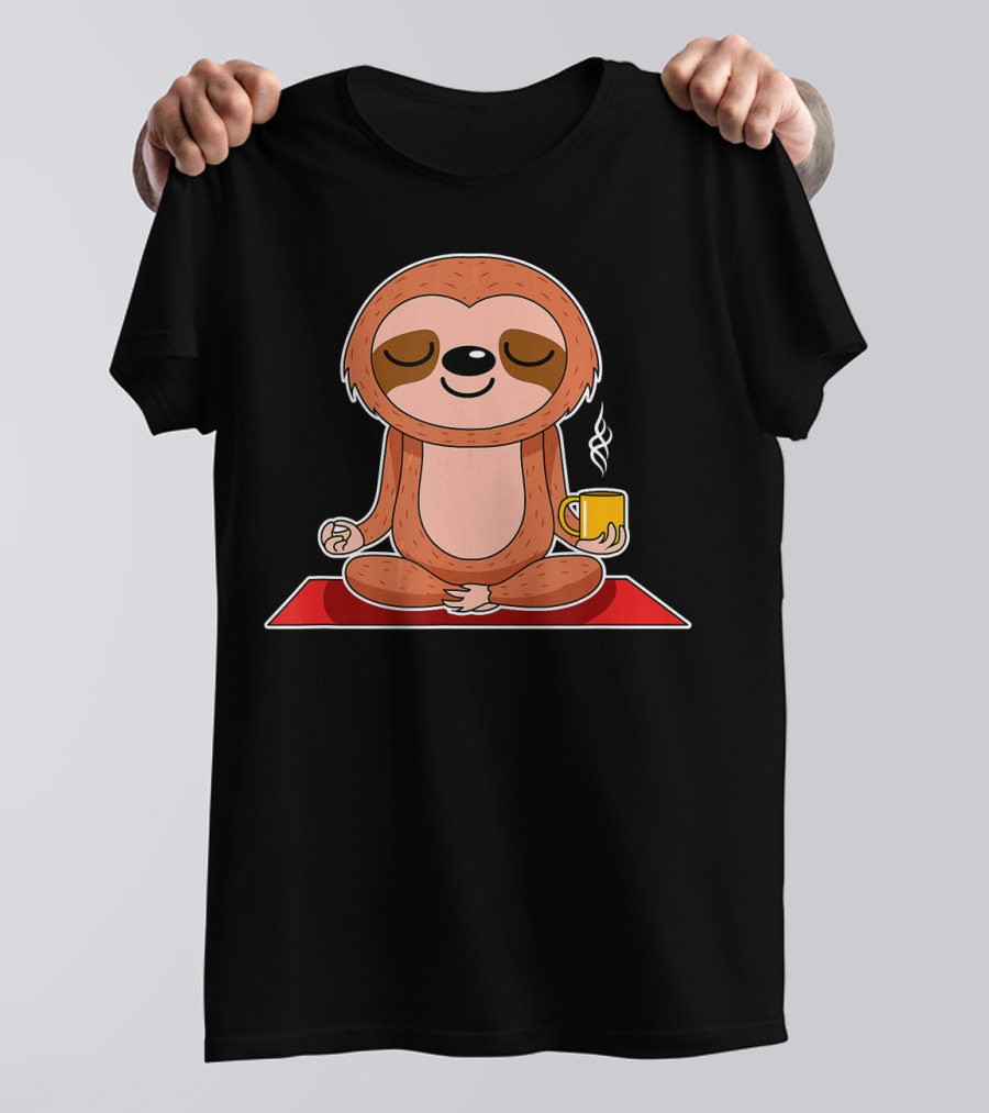 Yoga Sloth Funny Workout Fitness Casual Relaxing Meditation With Coffee T-Shirt