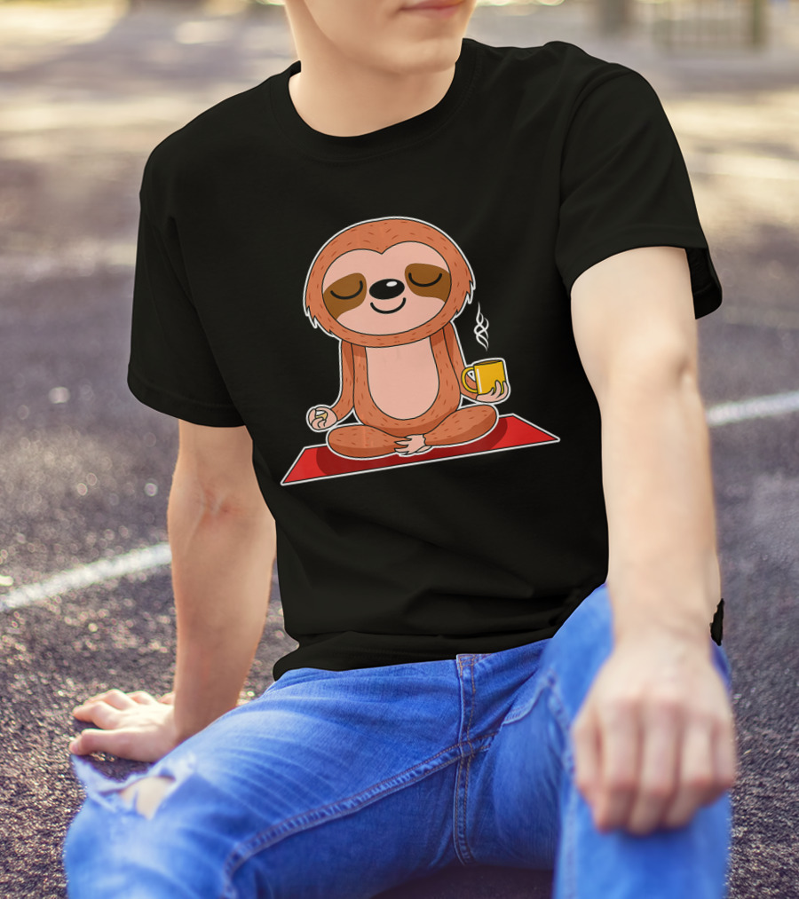 Yoga Sloth Funny Workout Fitness Casual Relaxing Meditation With Coffee T-Shirt