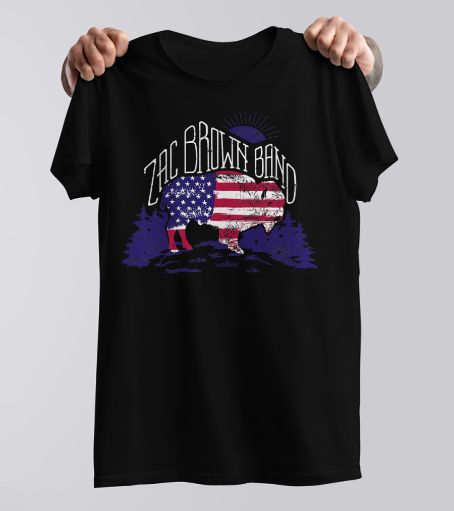 Zac Brown Band American Flag Buffalo With Night Sky And Forest T-Shirt