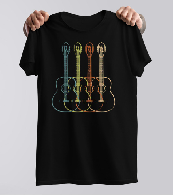 Acoustic Guitar Neon Line Art Quartet T-Shirt