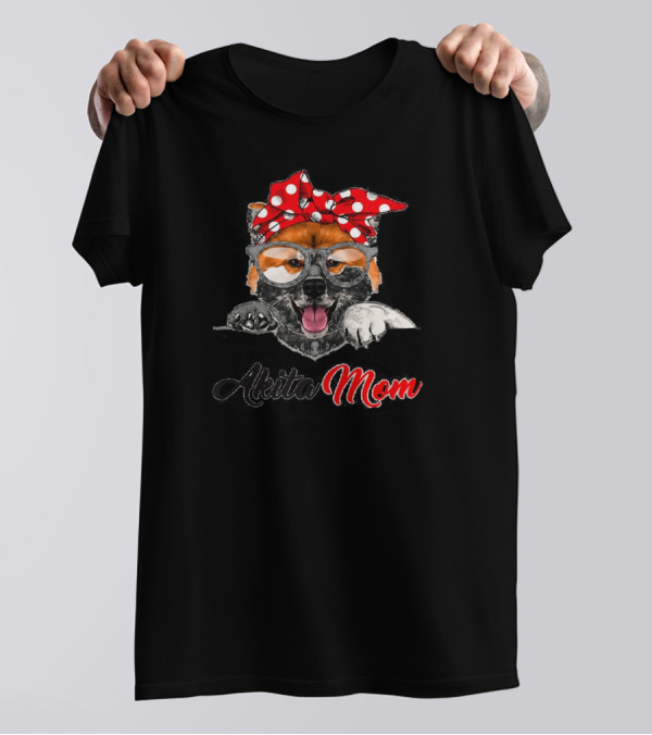 Akita Mom Funny Dog With Red Polka Dot Bow And Glasses T-Shirt