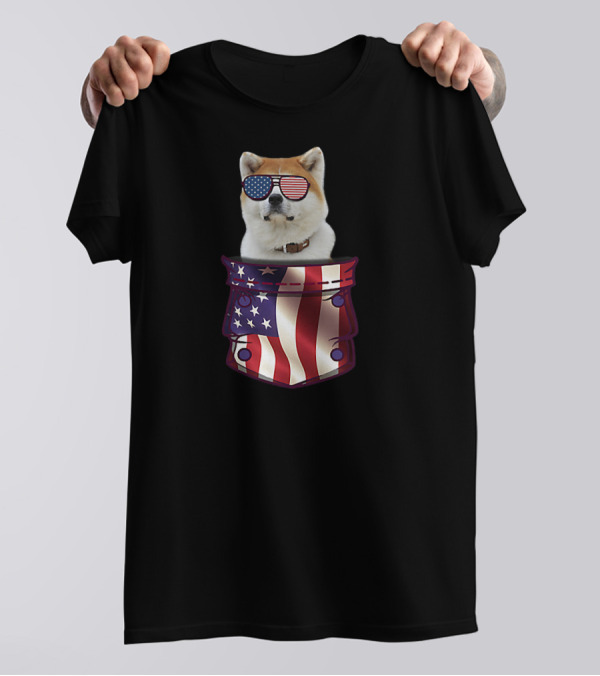 American Flag Sunglasses Akita In Pocket T-Shirt