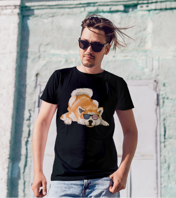 Akita Inu Wearing American Flag Sunglasses Playful Pose T-Shirt