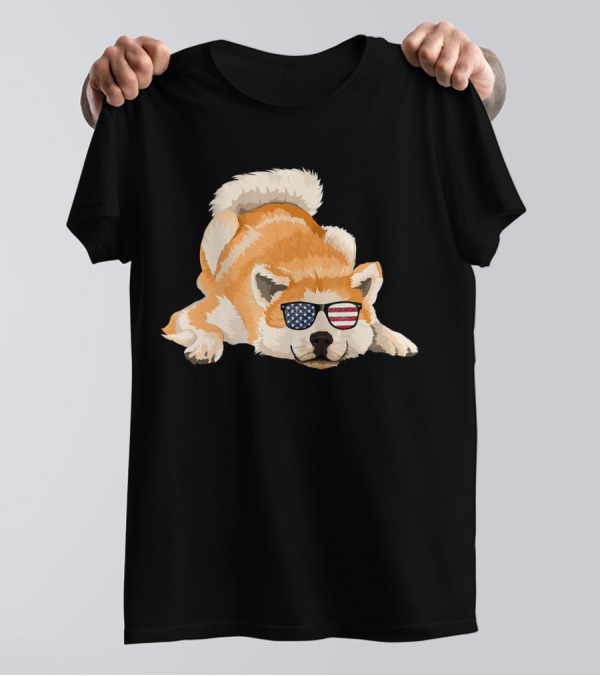 Akita Inu Wearing American Flag Sunglasses Playful Pose T-Shirt