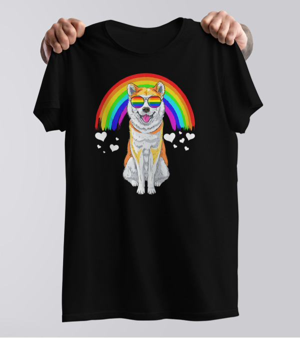 Akita Inu Rainbow Pride Sunglasses Hearts T-Shirt