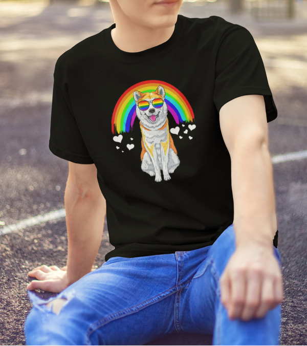 Akita Inu Rainbow Pride Sunglasses Hearts T-Shirt