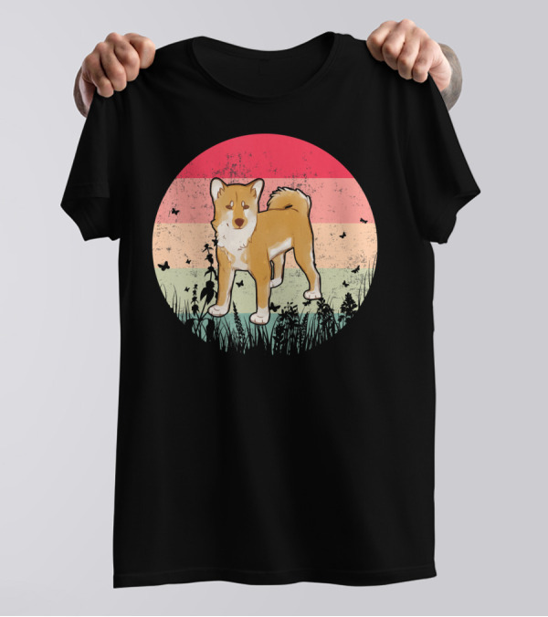 Akita Inu Vintage Retro Akit Circle Silhouette With Stripes And Butterflies T-Shirt