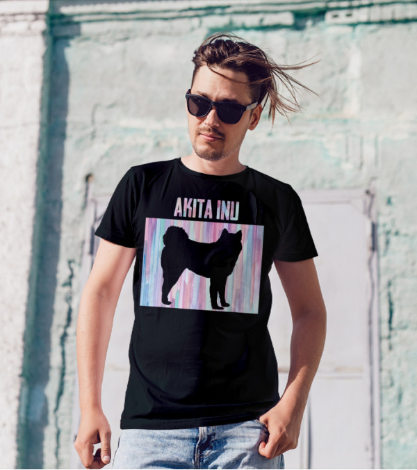 AKITA INU Silhouette On Pastel Watercolor Stripes T-Shirt