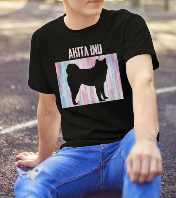 AKITA INU Silhouette On Pastel Watercolor Stripes T-Shirt