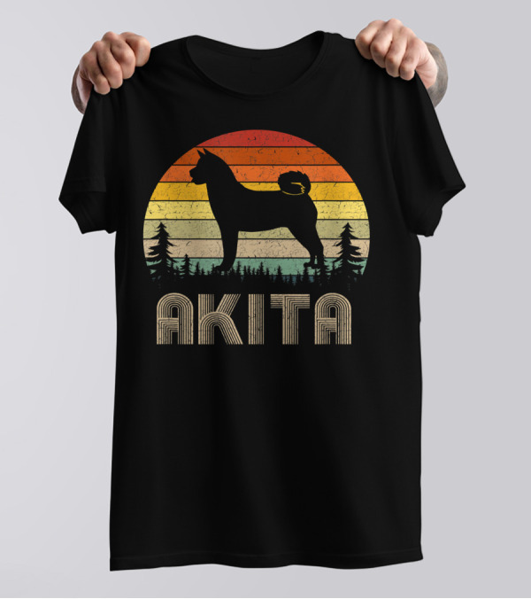 Akita Vintage Dog Retro 70's Forest Sunset T-Shirt