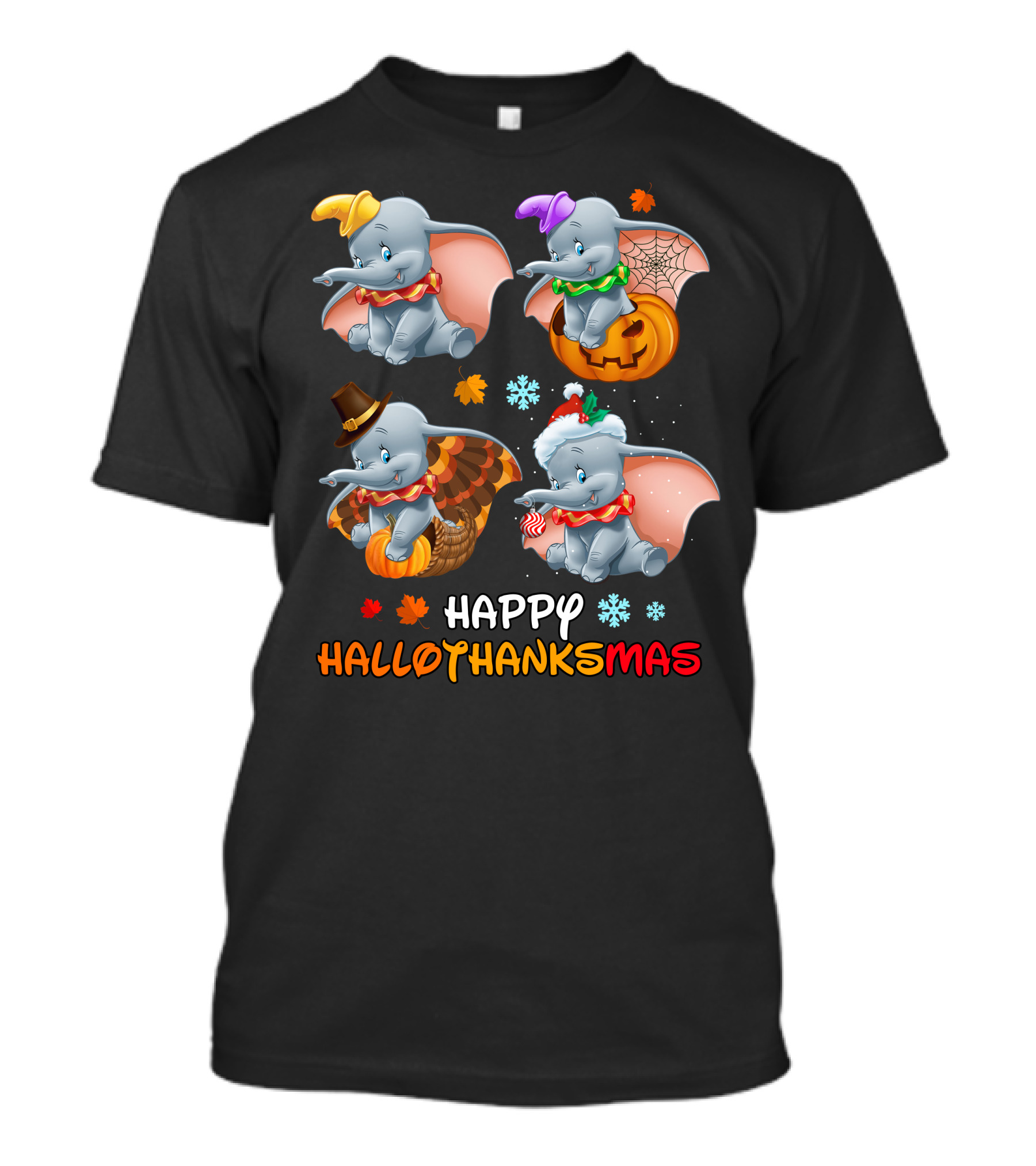 Happy Hallothanksmas With Dumbo In Halloween Thanksgiving Christmas Themes T-Shirt