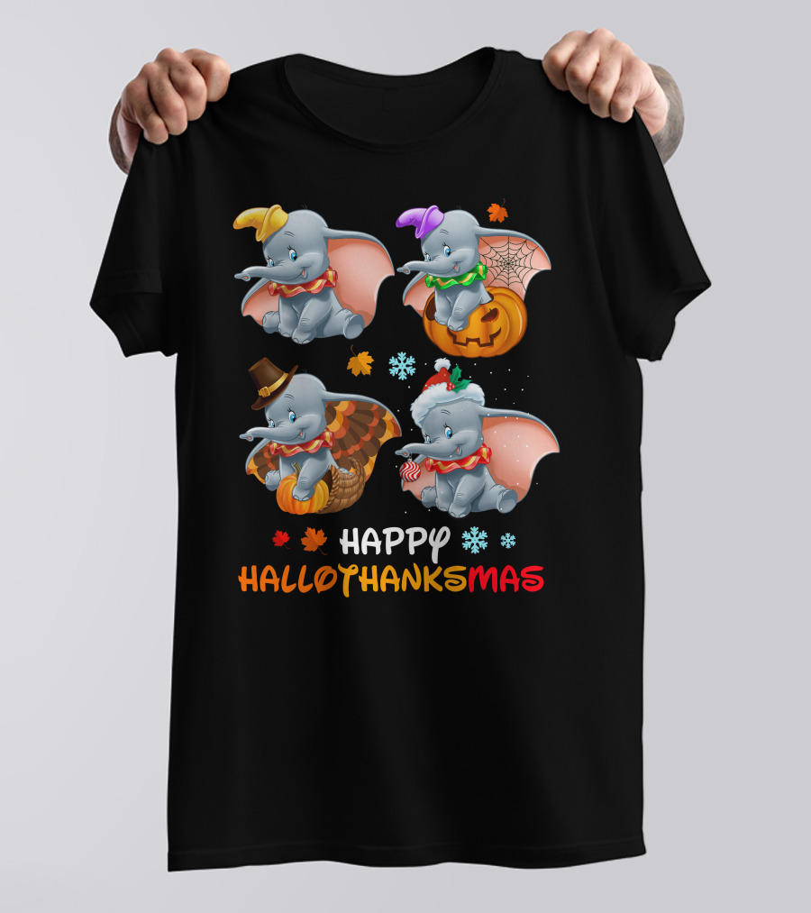 Happy Hallothanksmas With Dumbo In Halloween Thanksgiving Christmas Themes T-Shirt