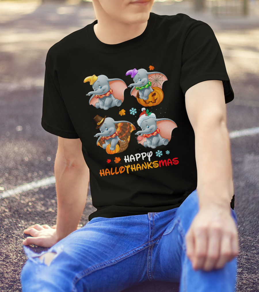 Happy Hallothanksmas With Dumbo In Halloween Thanksgiving Christmas Themes T-Shirt