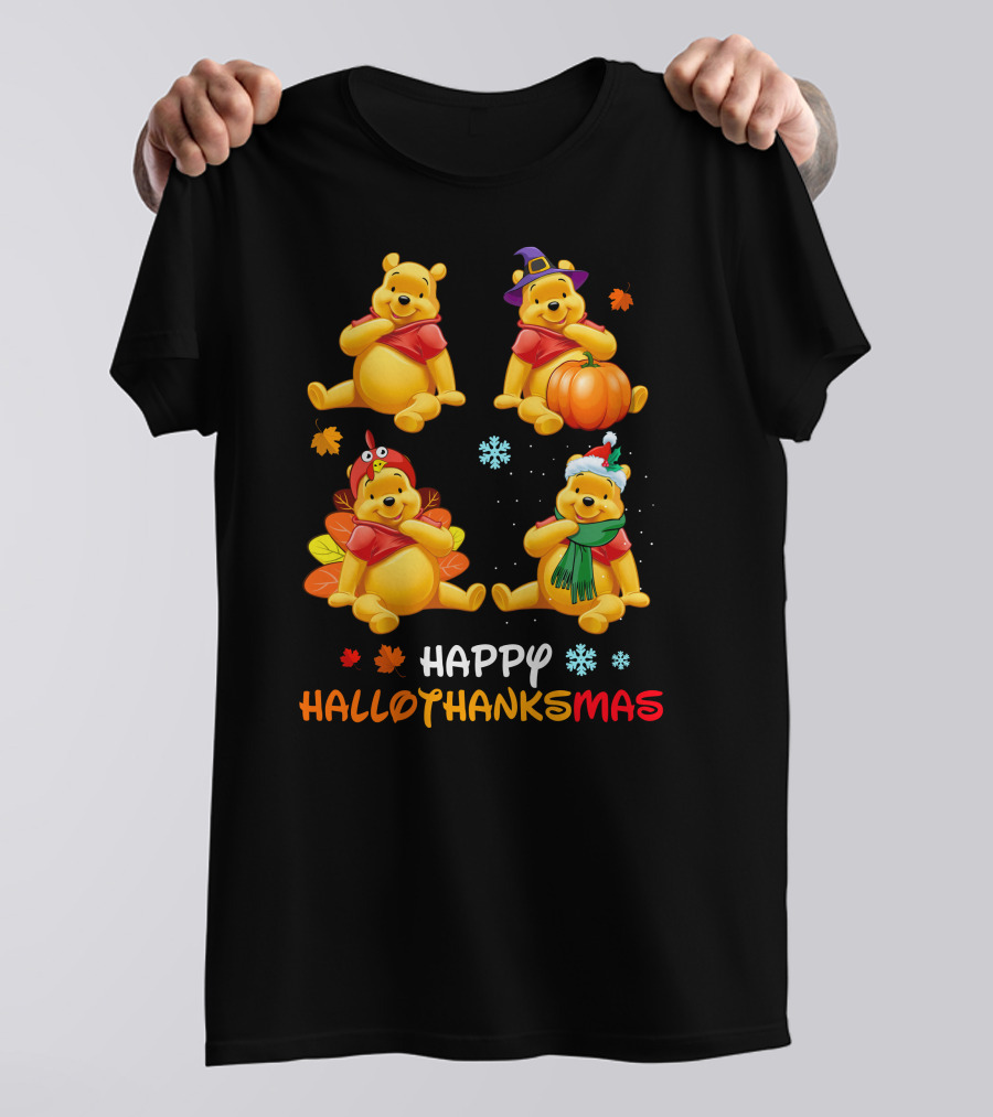 Happy Hallothanksmas Pooh Bear Seasonal Holiday Fun T-Shirt